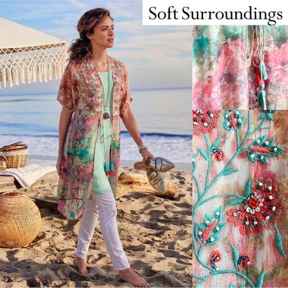 Soft Surroundings Primavera Topper Midi Sequin Embroidered Floral Beach Cover L - Picture 1 of 11